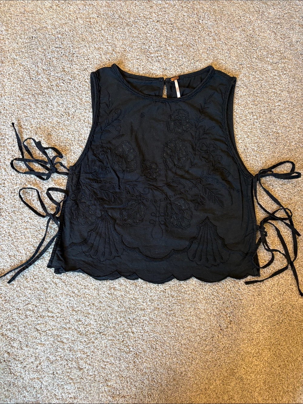 Free People Black Embroidered Crop Top Scalloped Hem Side Ties XS